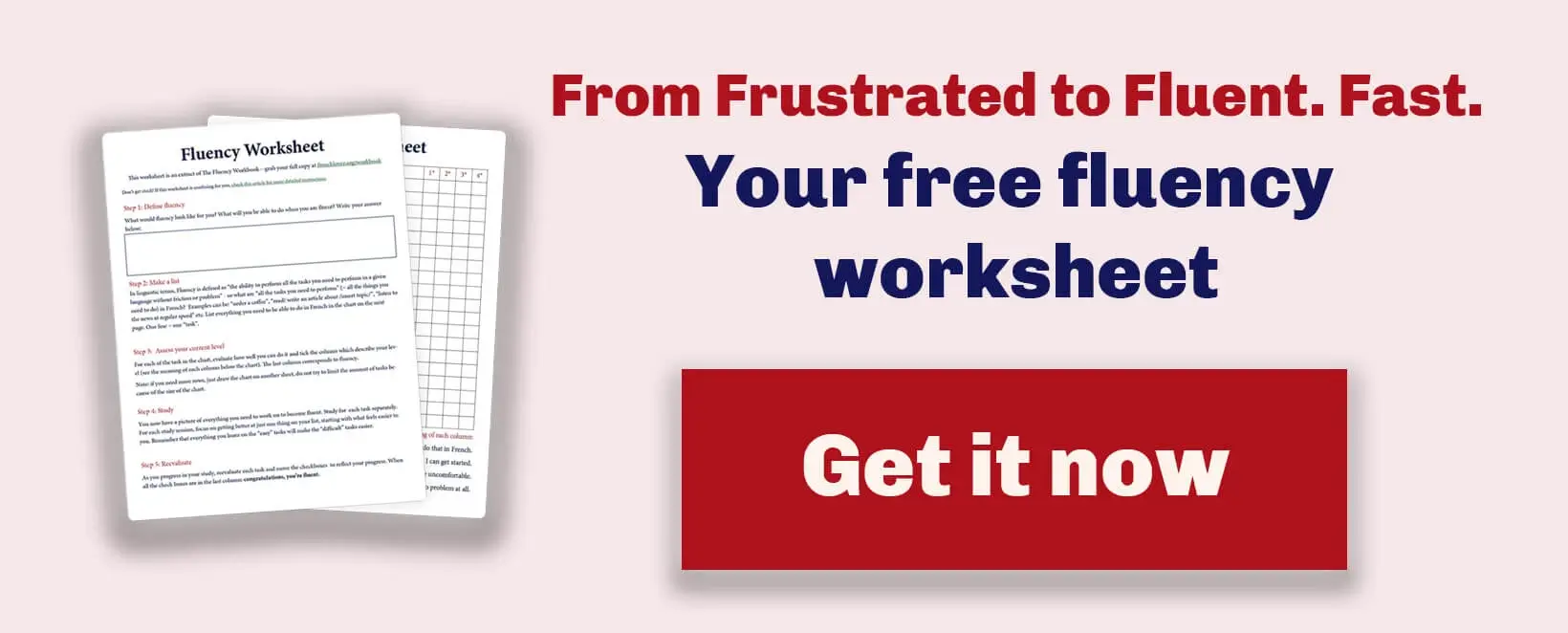 A banner offering to download 5 priceless resources to become a French speaker, including a visual of a vocabulary guide and a French YouTube guide, and a red button.