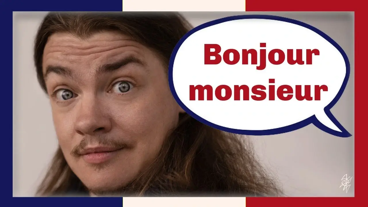 Author Angel Pretot faces the camera with a surprised expression. A speech bubble says "bonjour monsieur" (hello sir in French)