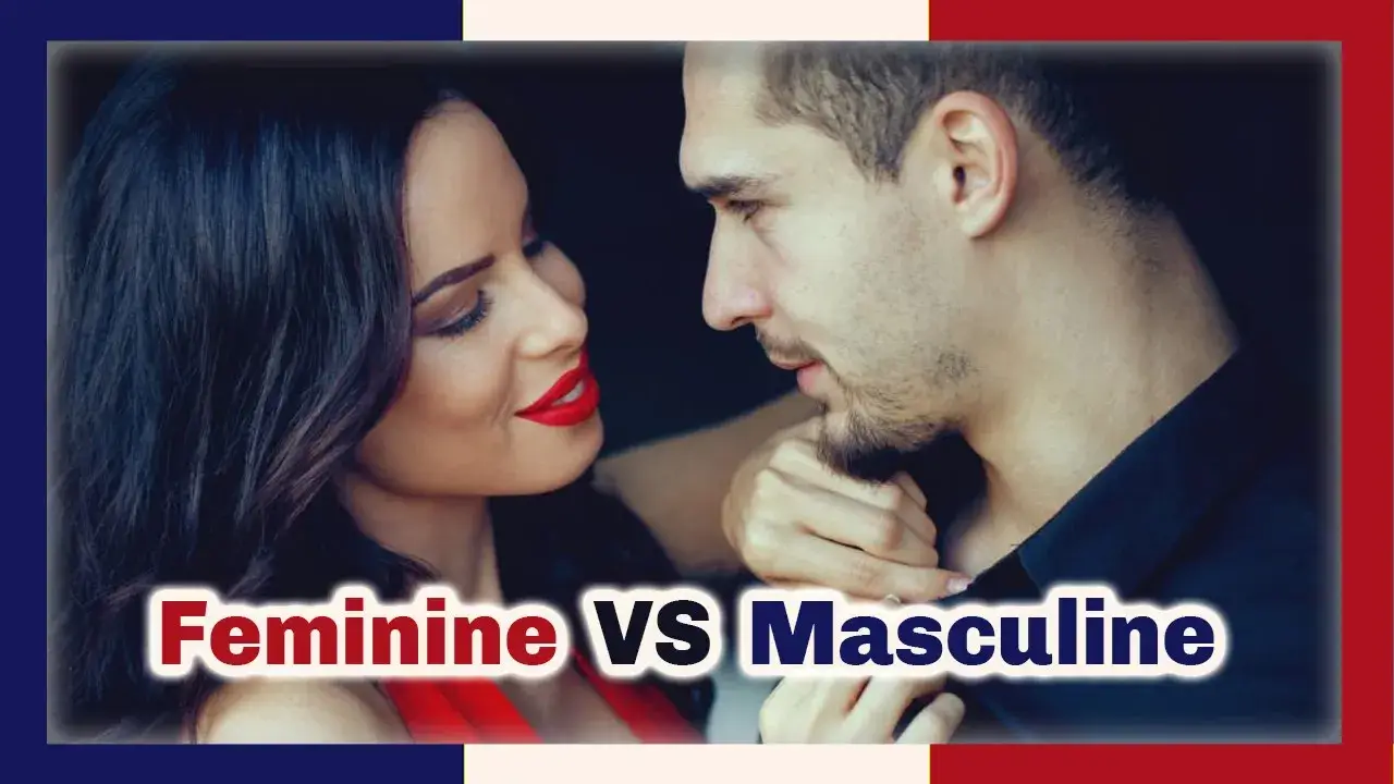 A woman straightens a man's collar with the words Feminine vs Masculine in red and blue at front