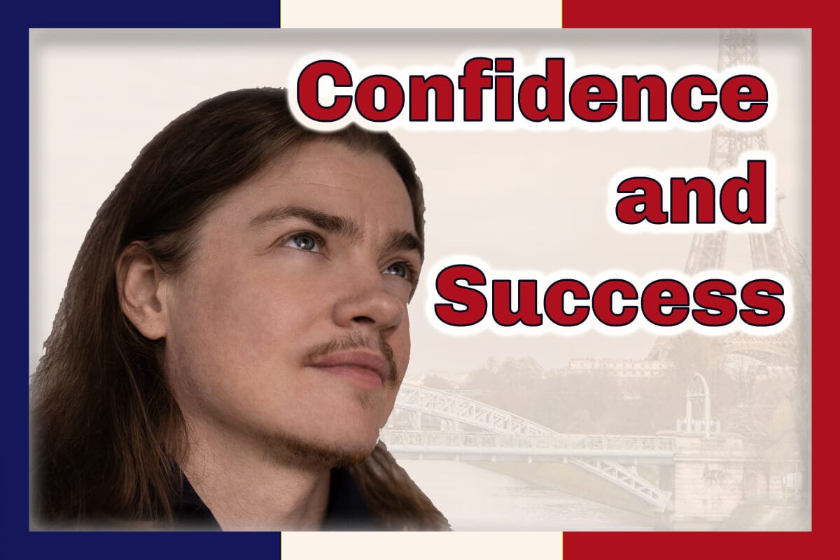 Angel Pretot looks up in a 3/4 portrait, the words Confidence and Success at right in red outlined in white