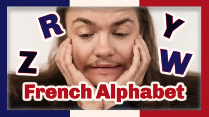 Angel Pretot holds his head in his hands looking down at the words French Alphabet in red outlined in white, the letters R Z Y W scattered in blue