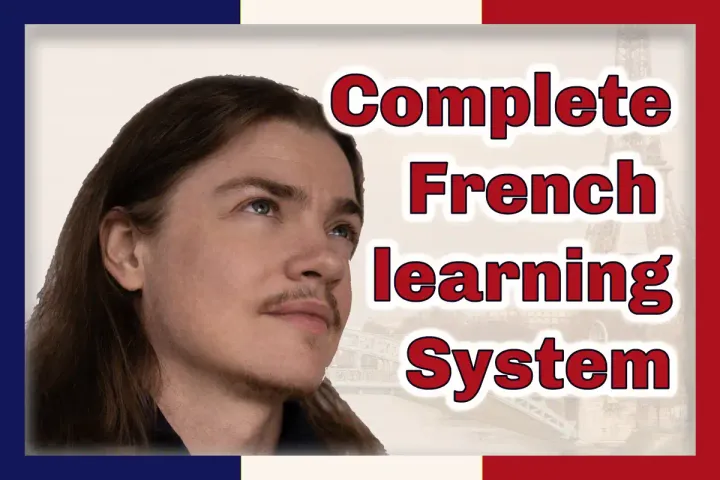 A close up portrait of French Learning coach Angel Pretot looking confidently at the image text: Complete French learning system, in a French flag frame